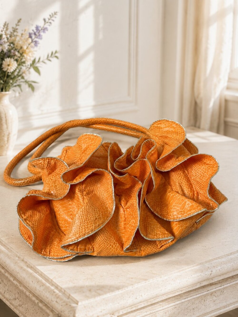 SR Squared Sondra Roberts Orange Ruffle Shoulder Bag